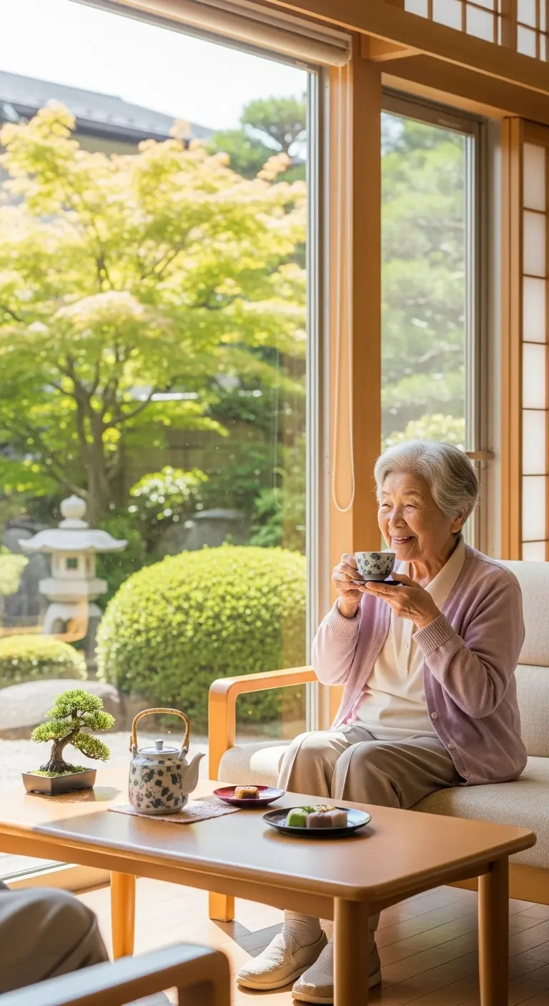 庭の緑を眺めながらティータイムを過ごす様子