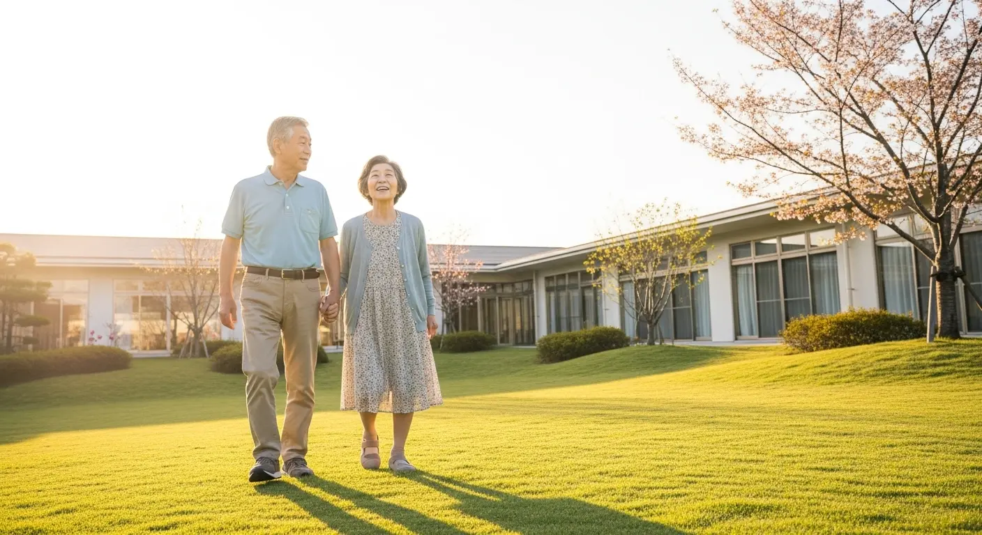 夕暮れの中庭で散策するご入居者